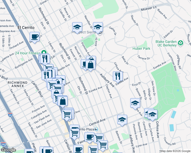 map of restaurants, bars, coffee shops, grocery stores, and more near 747 Albemarle Street in El Cerrito
