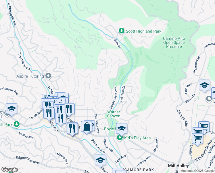 map of restaurants, bars, coffee shops, grocery stores, and more near in Mill Valley