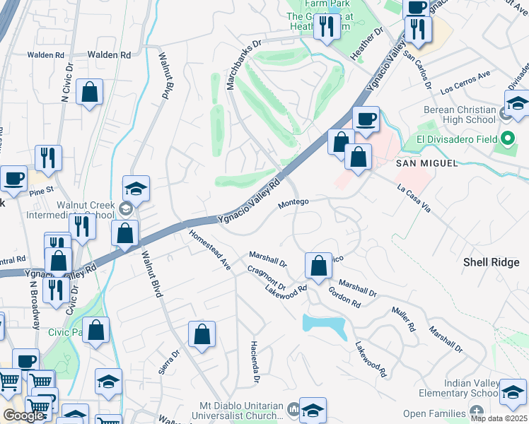map of restaurants, bars, coffee shops, grocery stores, and more near 1350 Montego in Walnut Creek