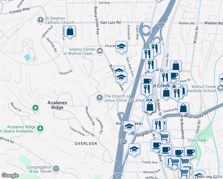 map of restaurants, bars, coffee shops, grocery stores, and more near 2266 Hillside Court in Walnut Creek