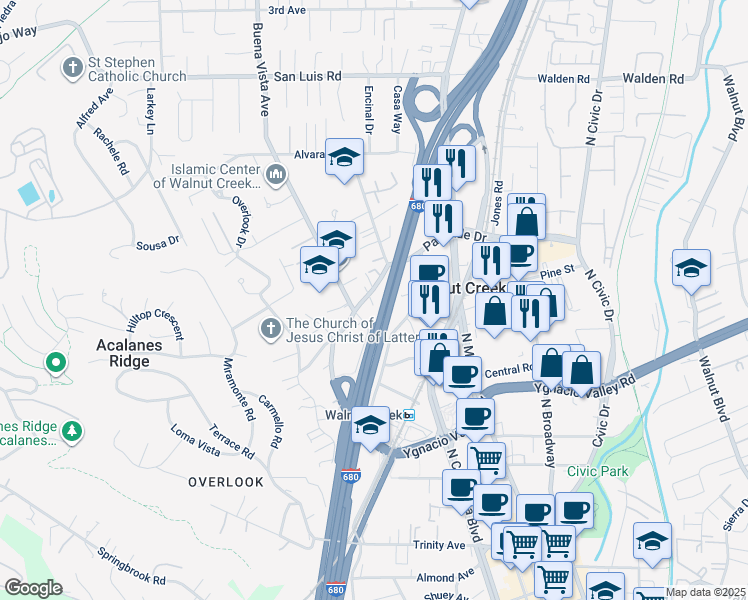 map of restaurants, bars, coffee shops, grocery stores, and more near 1737 Parkside Drive in Walnut Creek