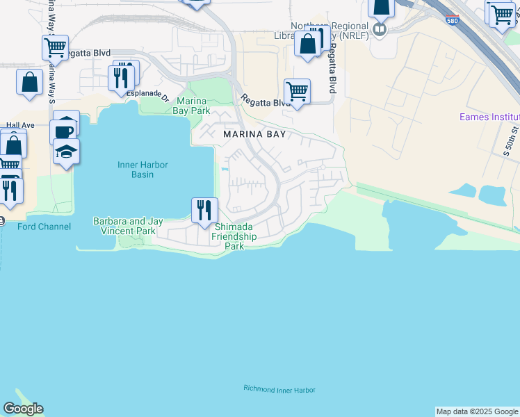 map of restaurants, bars, coffee shops, grocery stores, and more near 2 Lakeshore Court in Richmond