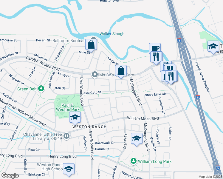 map of restaurants, bars, coffee shops, grocery stores, and more near 1037 Brick and Tile Circle in Stockton