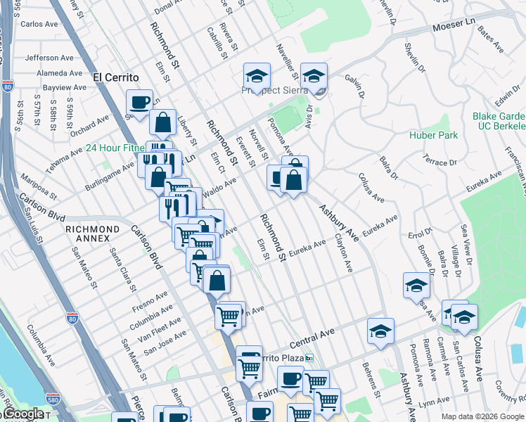 map of restaurants, bars, coffee shops, grocery stores, and more near 802 Elm Street in El Cerrito