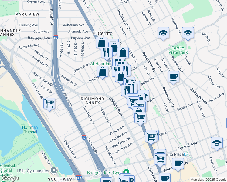 map of restaurants, bars, coffee shops, grocery stores, and more near 6127 Sutter Avenue in Richmond