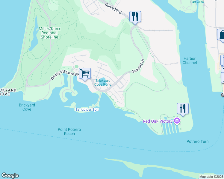 map of restaurants, bars, coffee shops, grocery stores, and more near 16 Anchor Point Drive in Richmond