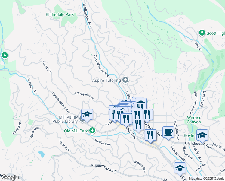 map of restaurants, bars, coffee shops, grocery stores, and more near 15 Upper Alcatraz Place in Mill Valley