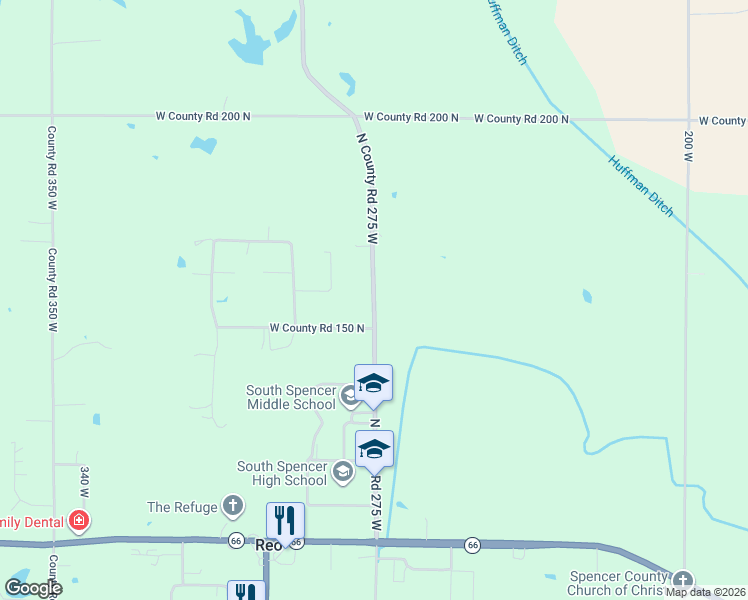 map of restaurants, bars, coffee shops, grocery stores, and more near 1108 North County Road 275 West in Rockport
