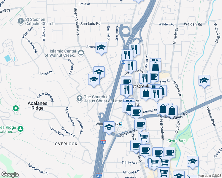 map of restaurants, bars, coffee shops, grocery stores, and more near 1737 Parkside Drive in Walnut Creek