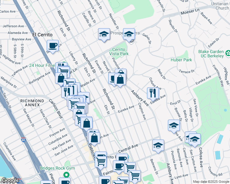 map of restaurants, bars, coffee shops, grocery stores, and more near 755 Everett Street in El Cerrito