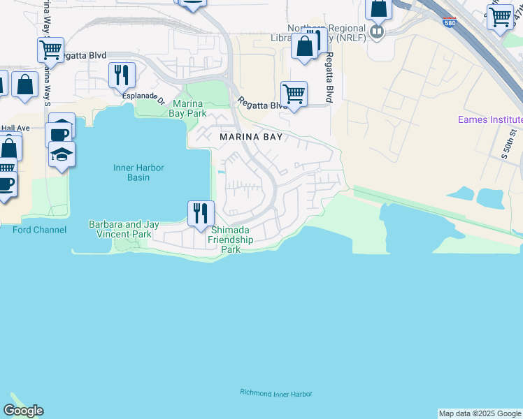 map of restaurants, bars, coffee shops, grocery stores, and more near 2 Lakeshore Court in Richmond
