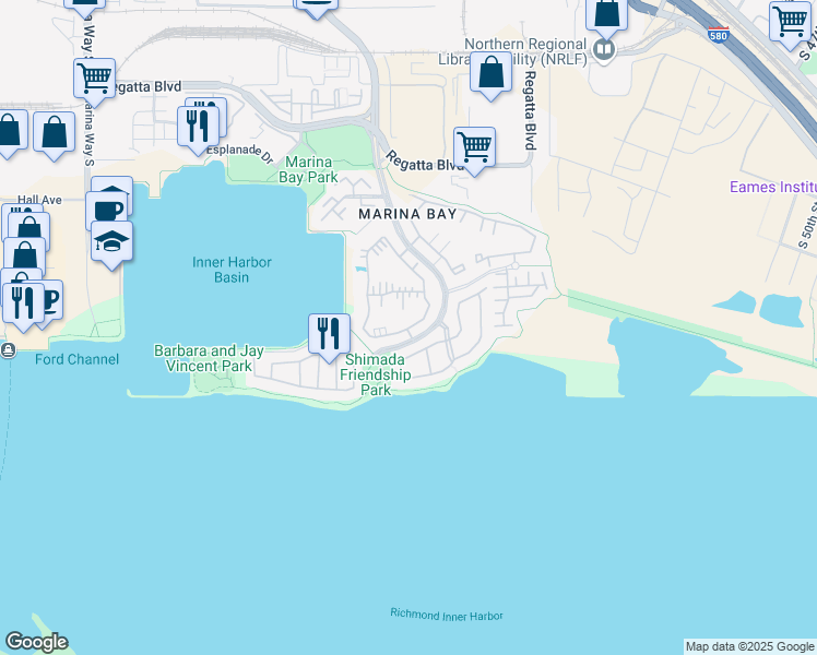 map of restaurants, bars, coffee shops, grocery stores, and more near 2 Lakeshore Court in Richmond