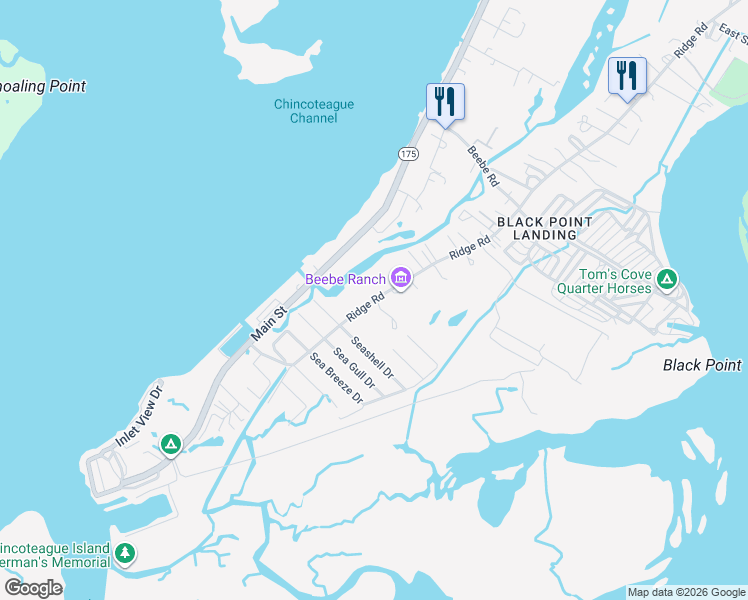 map of restaurants, bars, coffee shops, grocery stores, and more near 3099 State Route 2102 in Chincoteague Island