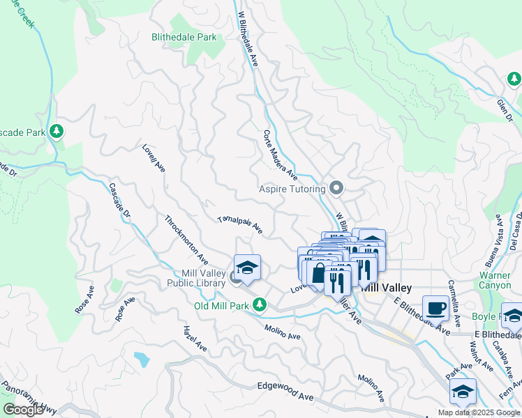 map of restaurants, bars, coffee shops, grocery stores, and more near 241 Summit Avenue in Mill Valley