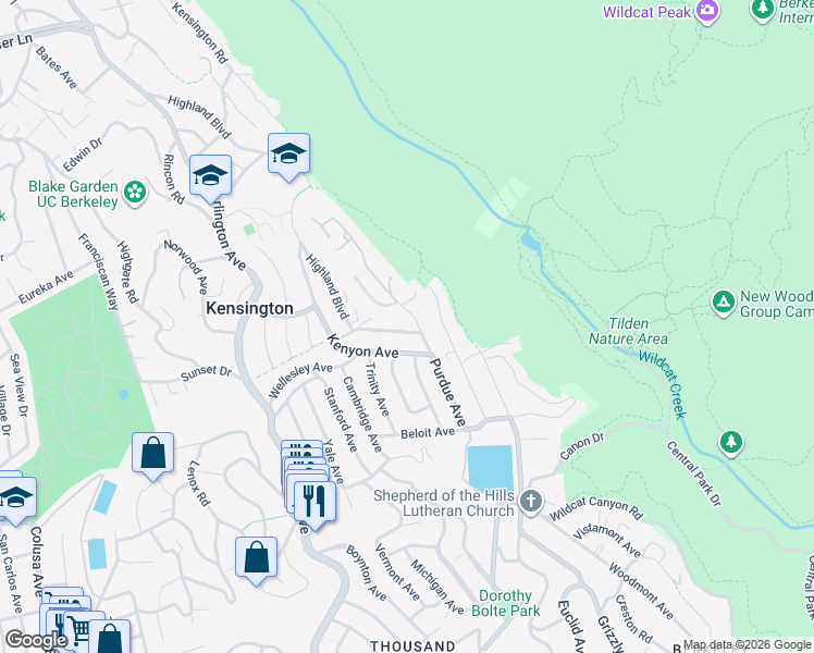 map of restaurants, bars, coffee shops, grocery stores, and more near 265 Willamette Avenue in Kensington