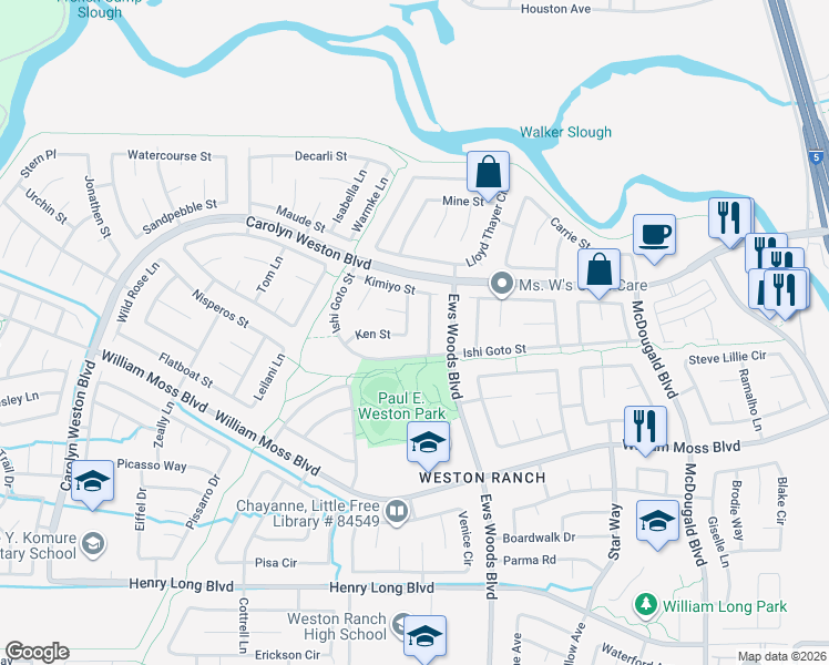 map of restaurants, bars, coffee shops, grocery stores, and more near 1455 Ishi Goto Street in Stockton