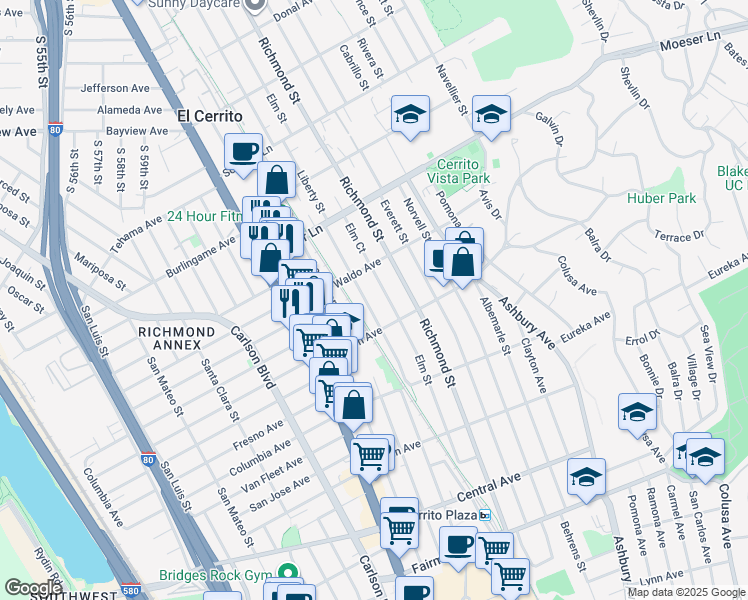 map of restaurants, bars, coffee shops, grocery stores, and more near 817 Liberty Street in El Cerrito