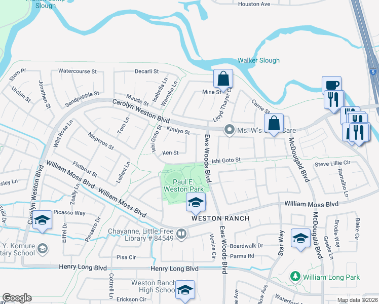 map of restaurants, bars, coffee shops, grocery stores, and more near 1455 Ishi Goto Street in Stockton