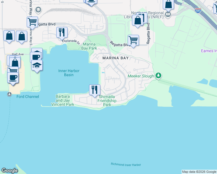 map of restaurants, bars, coffee shops, grocery stores, and more near 202 Lakeshore Court in Richmond