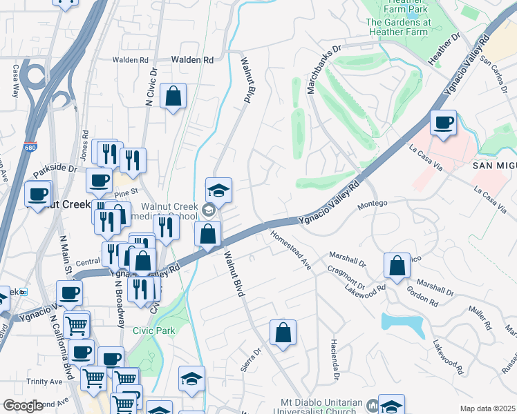 map of restaurants, bars, coffee shops, grocery stores, and more near Homestead Avenue in Walnut Creek
