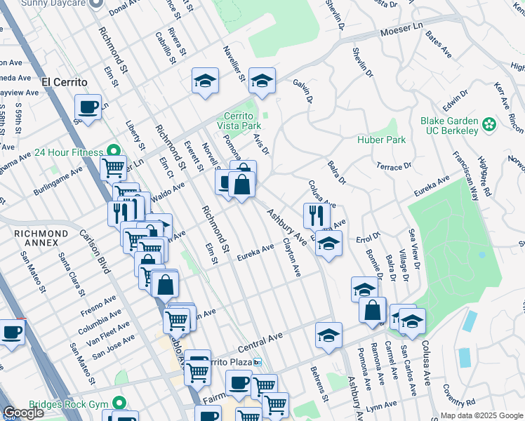 map of restaurants, bars, coffee shops, grocery stores, and more near 733 Ashbury Avenue in El Cerrito