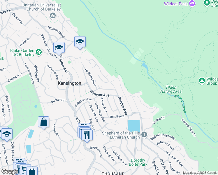 map of restaurants, bars, coffee shops, grocery stores, and more near 255 Willamette Avenue in Kensington