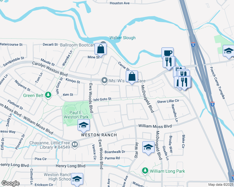 map of restaurants, bars, coffee shops, grocery stores, and more near 1037 Brick and Tile Circle in Stockton