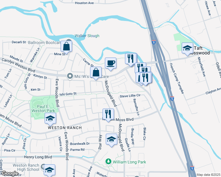 map of restaurants, bars, coffee shops, grocery stores, and more near in Stockton