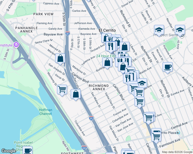 map of restaurants, bars, coffee shops, grocery stores, and more near 1736 Santa Clara Street in Richmond