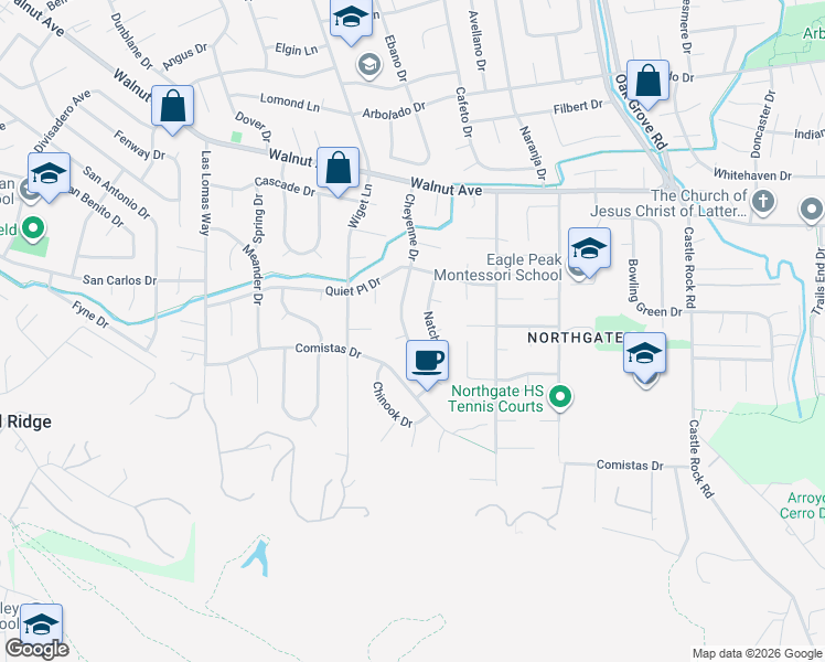 map of restaurants, bars, coffee shops, grocery stores, and more near 942 Cheyenne Drive in Walnut Creek