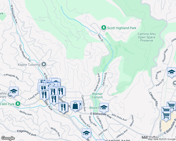 map of restaurants, bars, coffee shops, grocery stores, and more near in Mill Valley