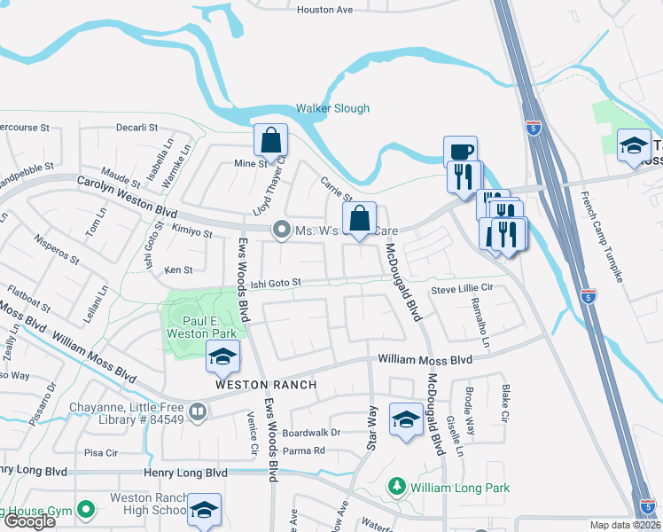 map of restaurants, bars, coffee shops, grocery stores, and more near 1037 Brick and Tile Circle in Stockton