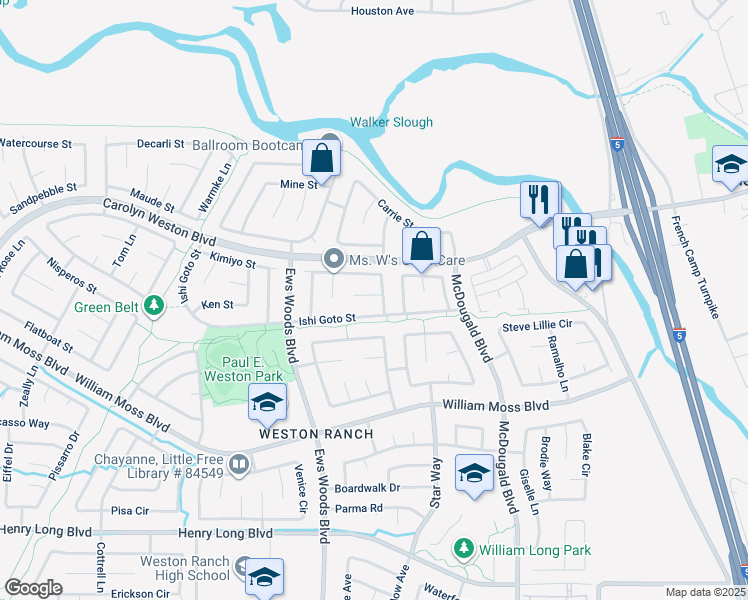 map of restaurants, bars, coffee shops, grocery stores, and more near 1037 Brick and Tile Circle in Stockton