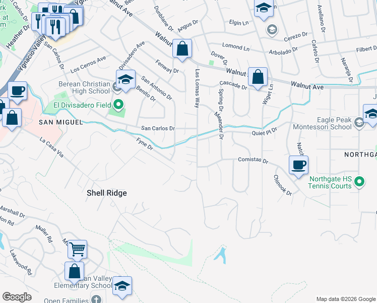 map of restaurants, bars, coffee shops, grocery stores, and more near 302 Las Lomas Place in Walnut Creek