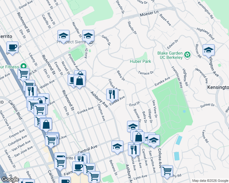 map of restaurants, bars, coffee shops, grocery stores, and more near 708 Pomona Avenue in El Cerrito