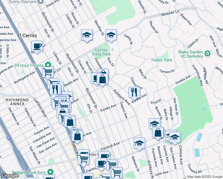 map of restaurants, bars, coffee shops, grocery stores, and more near 733 Ashbury Avenue in El Cerrito