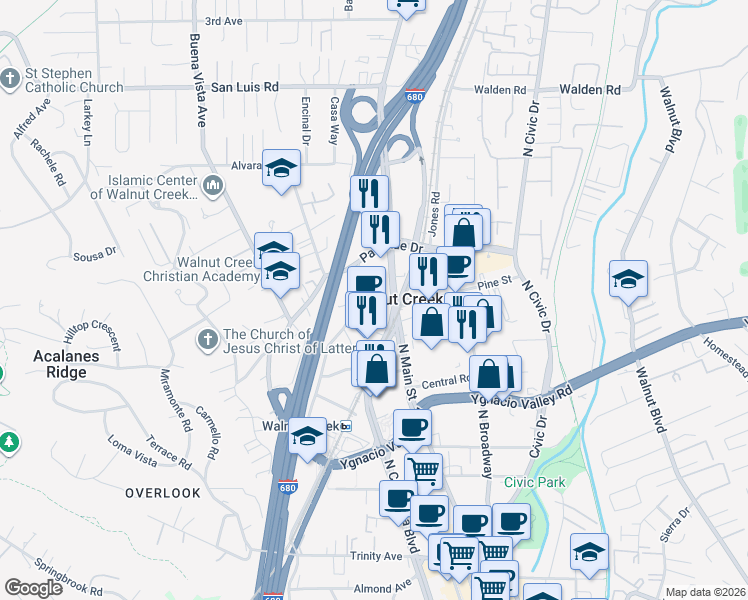 map of restaurants, bars, coffee shops, grocery stores, and more near 1605 Riviera Avenue in Walnut Creek