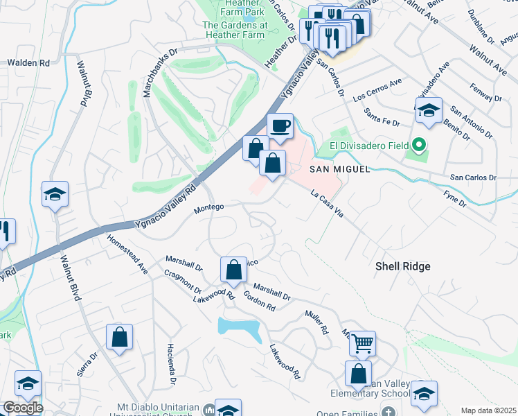 map of restaurants, bars, coffee shops, grocery stores, and more near 849 Tampico in Walnut Creek