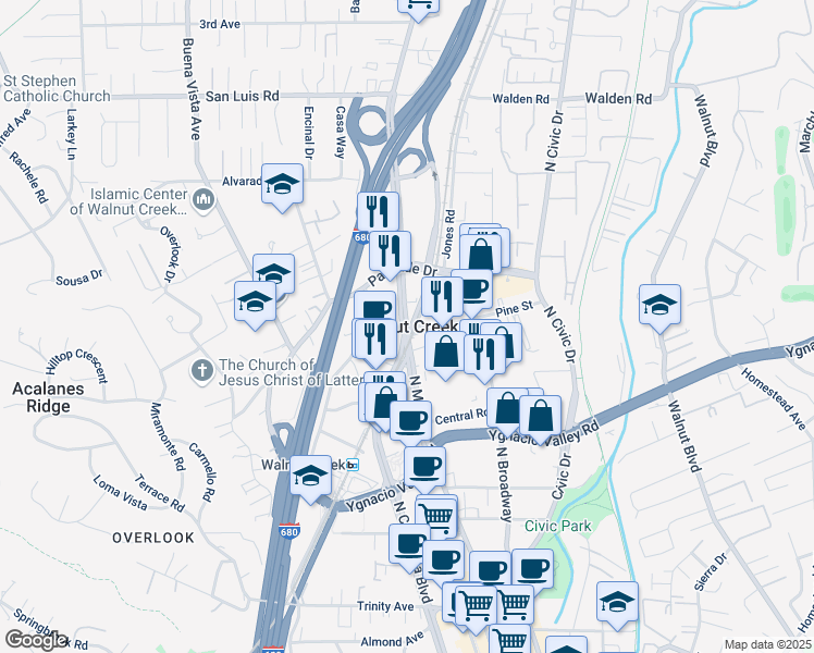 map of restaurants, bars, coffee shops, grocery stores, and more near in Walnut Creek
