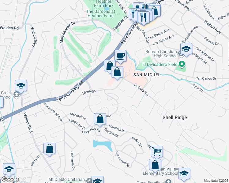 map of restaurants, bars, coffee shops, grocery stores, and more near 807 Tampico in Walnut Creek
