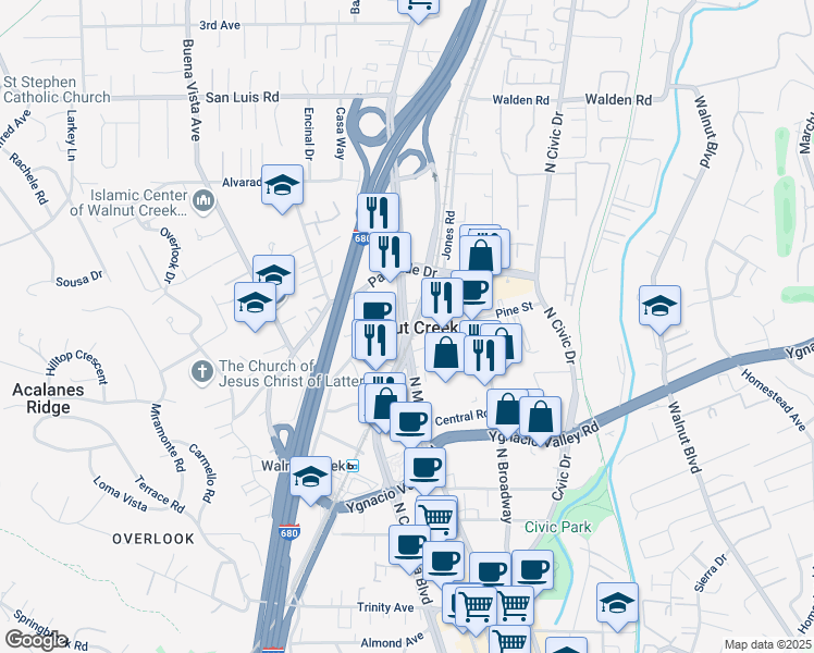 map of restaurants, bars, coffee shops, grocery stores, and more near in Walnut Creek