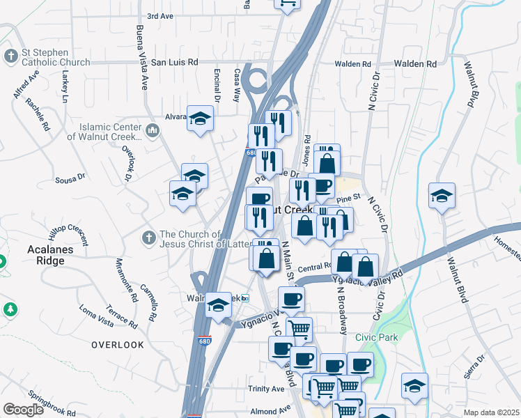 map of restaurants, bars, coffee shops, grocery stores, and more near 2175 North California Boulevard in Walnut Creek