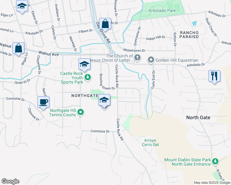 map of restaurants, bars, coffee shops, grocery stores, and more near 319 Castle Rock Road in Walnut Creek