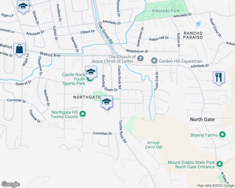 map of restaurants, bars, coffee shops, grocery stores, and more near 319 Castle Rock Road in Walnut Creek