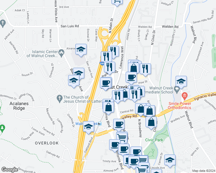 map of restaurants, bars, coffee shops, grocery stores, and more near in Walnut Creek