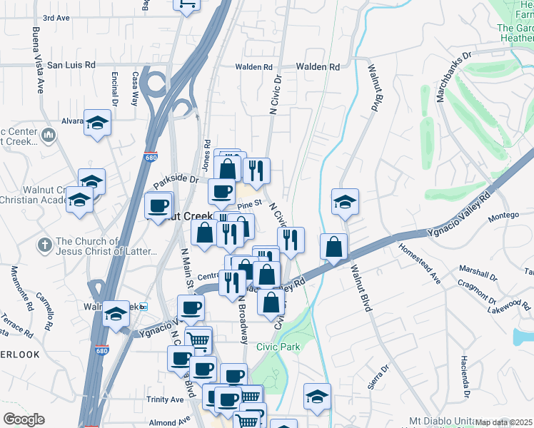 map of restaurants, bars, coffee shops, grocery stores, and more near 191 North Civic Drive in Walnut Creek
