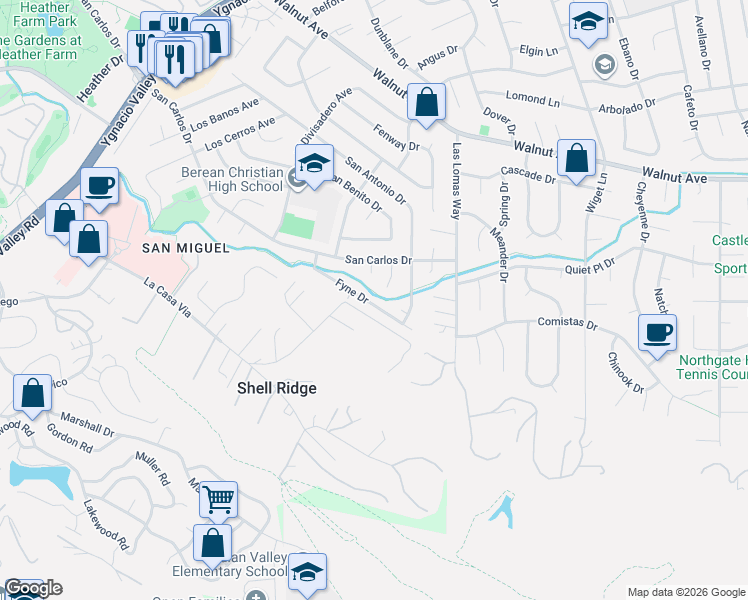 map of restaurants, bars, coffee shops, grocery stores, and more near 2871 Fyne Drive in Walnut Creek