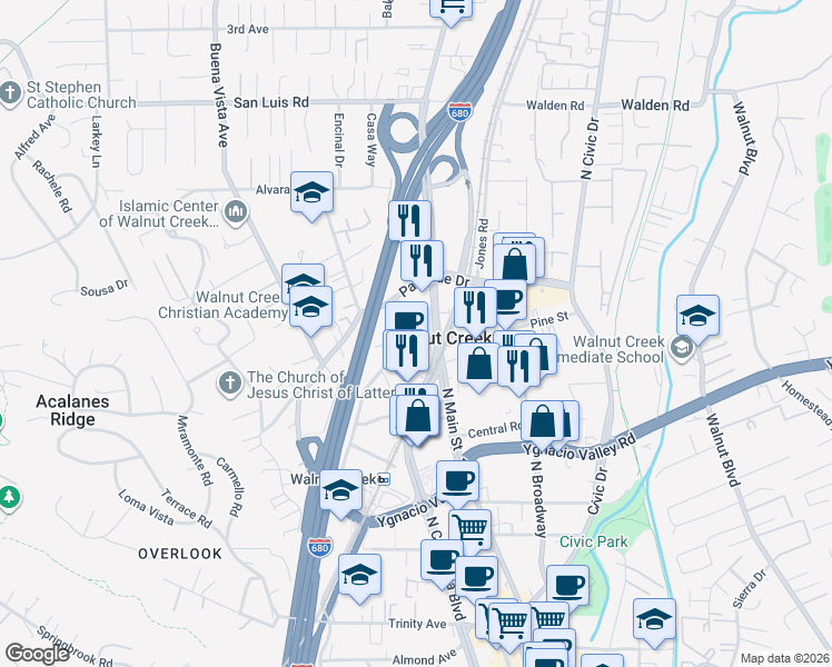 map of restaurants, bars, coffee shops, grocery stores, and more near 2175-2185 North California Boulevard in Walnut Creek