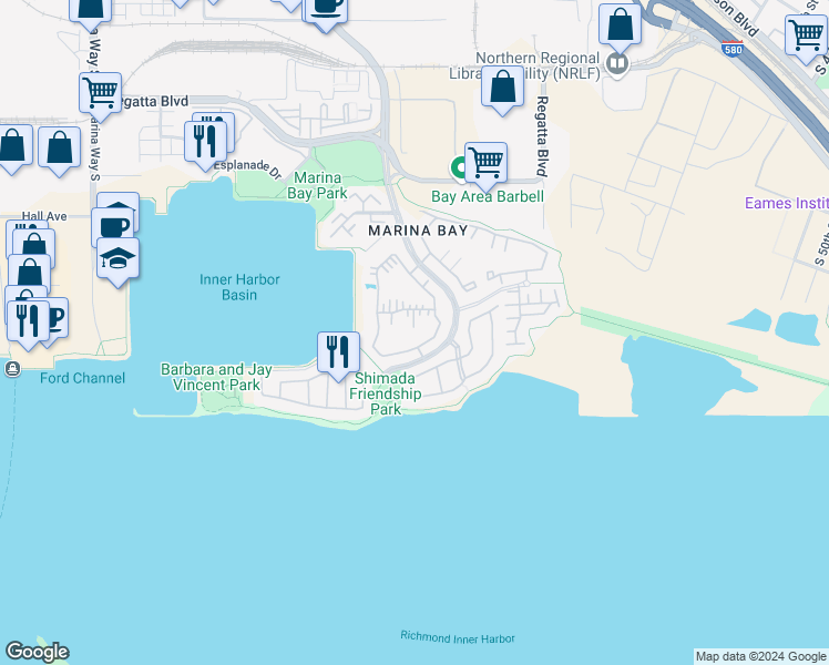 map of restaurants, bars, coffee shops, grocery stores, and more near 2 Lakeshore Court in Richmond