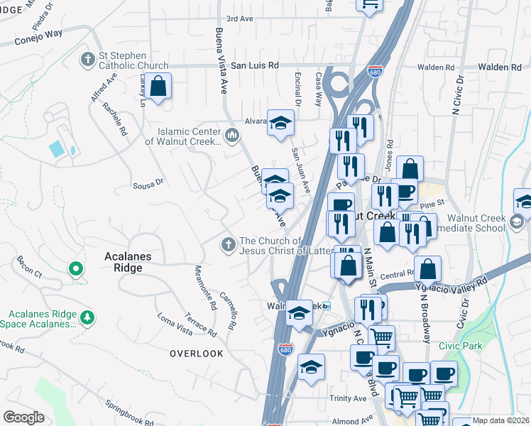 map of restaurants, bars, coffee shops, grocery stores, and more near 2341 Buena Vista Avenue in Walnut Creek